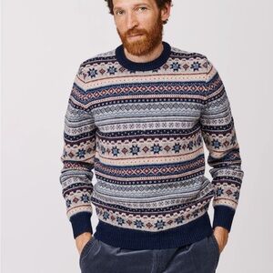 NWT Aubin Men's Navy and Cream Fair Isle Crewneck Sweater